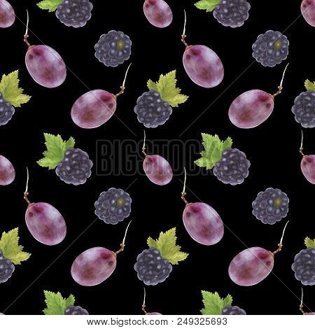 Modern Watercolor Botanical Illustration. Blackberry  And Grape . Seamless Pattern, Black Backdrop, 