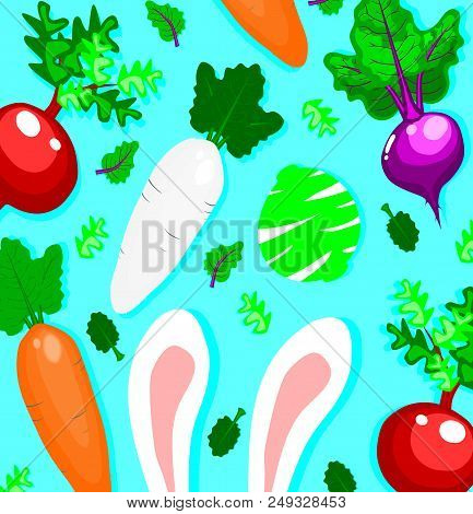 Big Bunny Ears And Egg On Blue Back Ground,happy Easter Concept,holidays Vector.