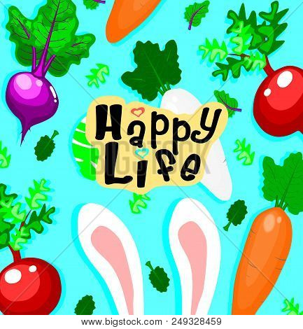 Big Bunny Ears And Egg On Blue Back Ground,happy Easter Concept,holidays Vector.