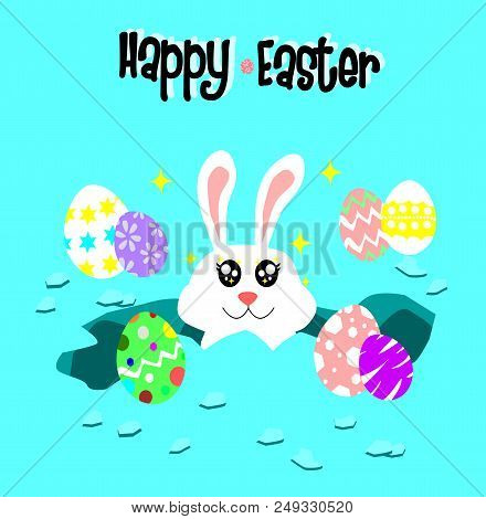 Cute Easter Bunny In The Hole With Egg,rabbit With Blue Back Ground ,animals Vector