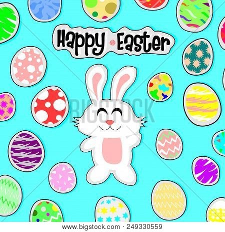 White Rabbit And Egg On Blue Back Ground,happy Easter Concept,holidays Vector