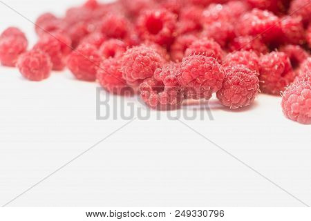 Dripping Raspberry On White Background. Close-up Photo.