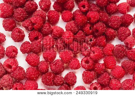 Dripping Raspberry On White Background. Close-up Photo.