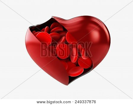 Heart With Red Cells Blood Isolated White, 3d Illustration.