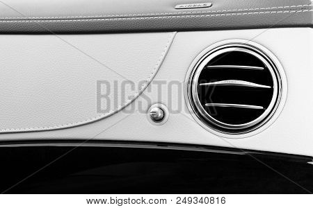 Ac Ventilation Deck Luxury Car Interior. Modern Car Interior Details White Leather, Natural Wood. Bl