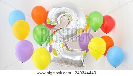 Number 2 Two Of Color Balloon On A Light Background. Birthday Balloon For Baby With , Rainbow Color-