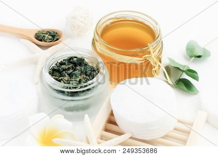 Green Tea Exract Homemade Facial Tonic Refreshing Skin Care. Glass Jars Of Tea Leaves And Tincture P