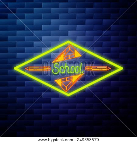 Vintage Back To School Emblem Glowing Neon Sign On Brick Wall Background