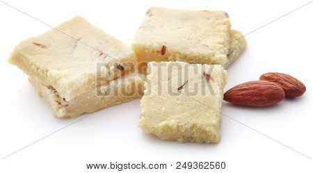 Closeup Of Tasty Almond Barfi Over White Background