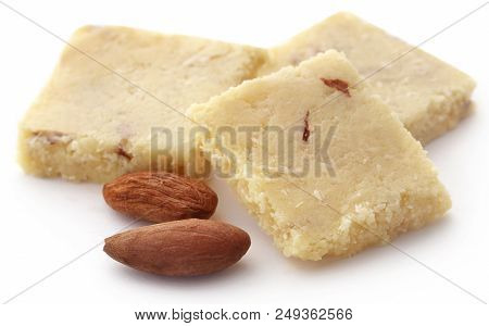 Closeup Of Tasty Almond Barfi Over White Background