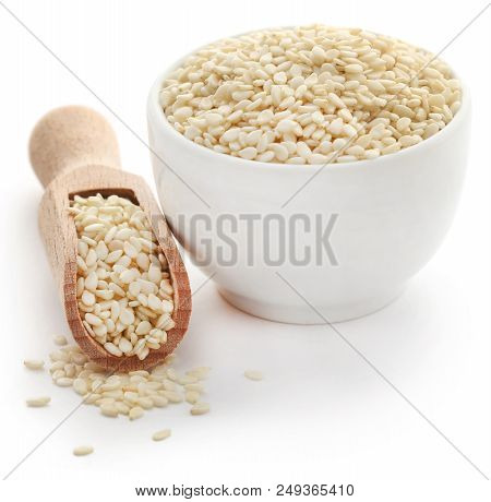 Closeup Of Peeled Sesame Seeds Over White Background