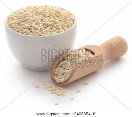 Closeup Of Peeled Sesame Seeds Over White Background