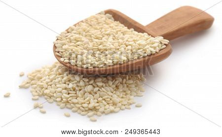 Closeup Of Peeled Sesame Seeds Over White Background