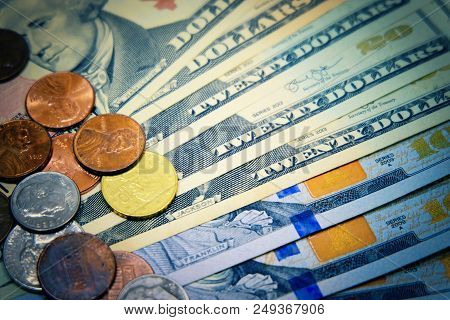American Dollar Banknote And Coins For Saving And Investment Concept.