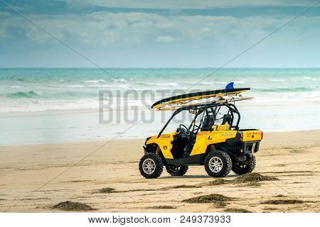 Adelaide, Australia - February 18, 2017: Australian Surf Life Saving Rescue Car Parked On The Shore 
