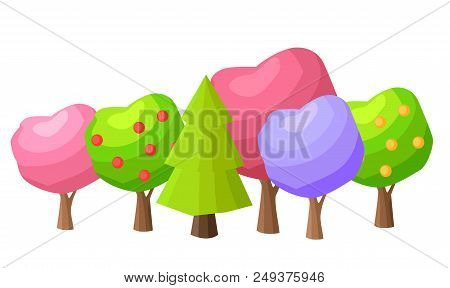Low Poly Colorful Trees With Ripe Fruits Vector Set. Funny Fairy Apple Trees With Different Colors C