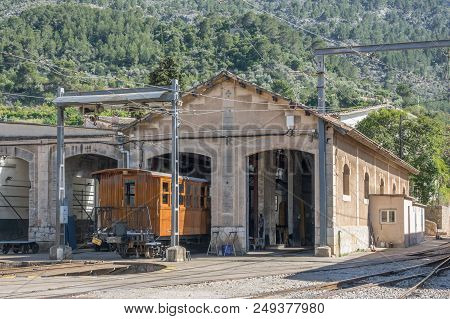 Vintage Tram In Soller Majorca At Train Station, Mallorca Island, Balearic Islands, Spain. Mountains