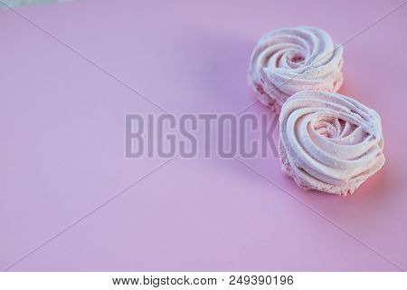 Pink Homemade Zephyr Or Marshmallow On Pink Background. Marshmallow, Meringue, Zephyr