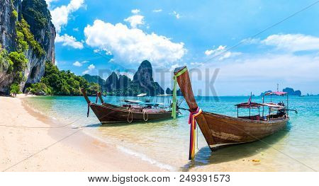 Long Tail Boat On Tropical Railay Beach, Aonang, Krabi, Thailand