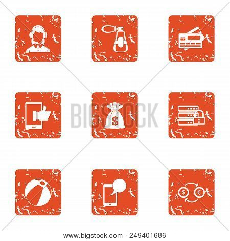 Shop Consultant Icons Set. Grunge Set Of 9 Shop Consultant Vector Icons For Web Isolated On White Ba