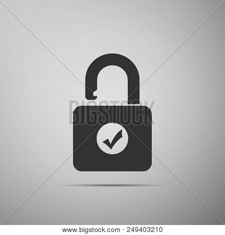 Open Padlock And Check Mark Icon Isolated On Grey Background. Security Check Lock Sign. Flat Design.