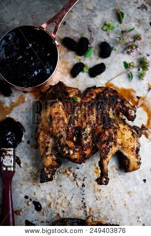 Chicken A Grill With Chimichury Sauce..style Rustic.selective Focus