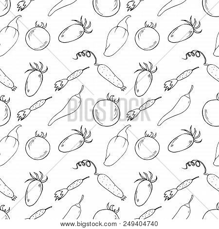 Vegetables Seamless Pattern. Cucumbers, Tomatoes And Peppers Isolated On White Background