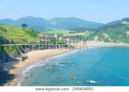 Cantabrian Sea Green Coast With Deba Town, Pais Vasco Spain