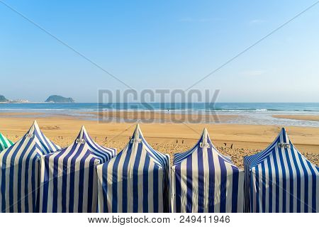 Colorful Tents Of Zarauz Beach, Pais Vasco, Spain