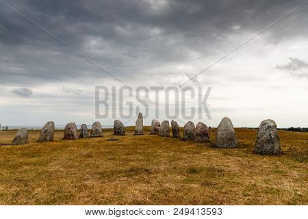 Swedish Ales Stenar. Ale's Stones A Megalithic Monument In Scania In Southern Sweden