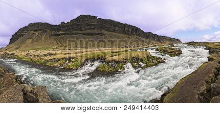 Panoramic View Of Rapids And Small Waterfalls On The Fossálar River In Southern Iceland.