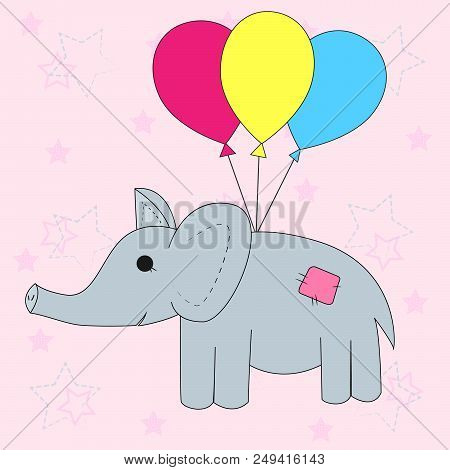 Vector Illustration Of A Cartoon Elephant Flying On Balloons. Design Of A Greeting Card. The Templat