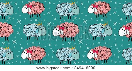 Vector Seamless Pattern With A Sheep. Illustration Of A Cartoon Sheep. Prints For Textiles.