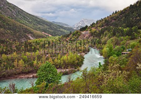 Castellane, Provence, France: Spring Landscape Of The Prealps Mountains And The River In The Verdon 