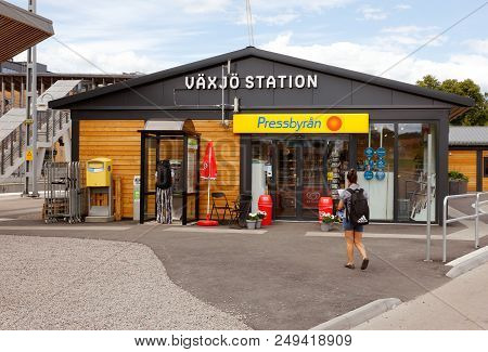 Vaxjo, Sweden - June 26, 2018: Exterior Of The Bus And Railroad Station With The Kiosk Pressbyran.