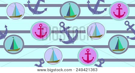 Vector Seamless Pattern With Anchors And Ships. Sea Pattern