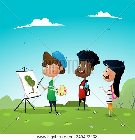 Atist Boy Painting While His Frienda Watching His Workprocess. Creative People Professions. Vector I