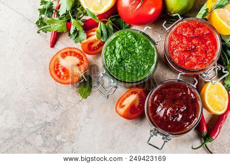 Indian Traditional Food, Set Of Three Chutney For Chaat And Sev Puri - Sweet Date-tamarind, Cilantro