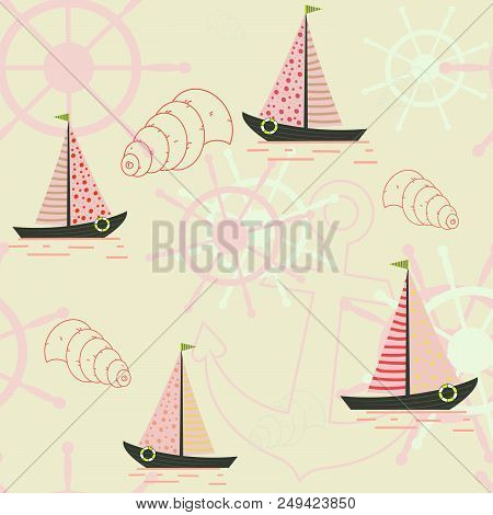 Vector Seamless Pattern With Ships, Anchors And Seashells. Sea Pattern. Design Of A Substrate On A T