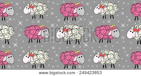 Vector Seamless Pattern With A Sheep. Illustration Of A Cartoon Sheep. Prints For Textiles.