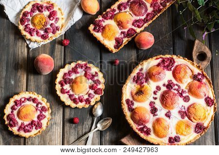 Rustic Open Pie With Peach And Raspberry, French Galette . Peach Tart. Raspberry Tart. Tartalette Wi