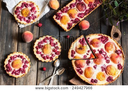 Rustic Open Pie With Peach And Raspberry, French Galette . Peach Tart. Raspberry Tart. Tartalette Wi