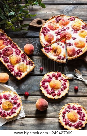 Rustic Open Pie With Peach And Raspberry, French Galette . Peach Tart. Raspberry Tart. Tartalette Wi
