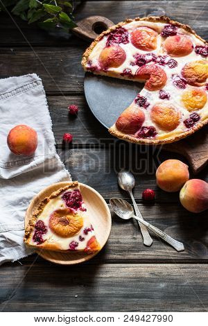 Rustic Open Pie With Peach And Raspberry, French Galette . Peach Tart. Raspberry Tart. Tartalette Wi