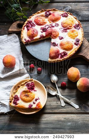 Rustic Open Pie With Peach And Raspberry, French Galette . Peach Tart. Raspberry Tart. Tartalette Wi