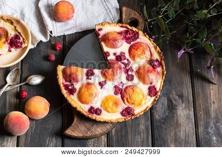 Rustic Open Pie With Peach And Raspberry, French Galette . Peach Tart. Raspberry Tart. Tartalette Wi