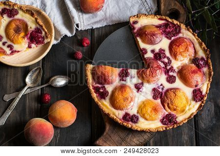 Rustic Open Pie With Peach And Raspberry, French Galette . Peach Tart. Raspberry Tart. Tartalette Wi