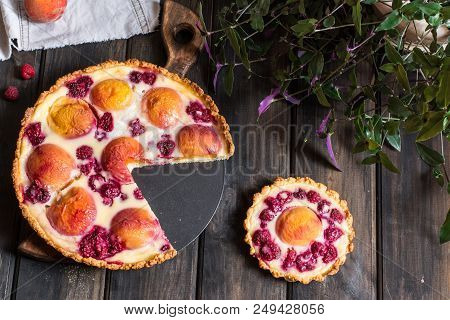 Rustic Open Pie With Peach And Raspberry, French Galette . Peach Tart. Raspberry Tart. Tartalette Wi
