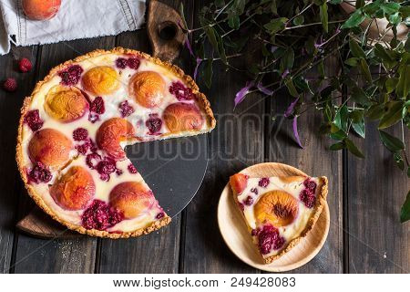 Rustic Open Pie With Peach And Raspberry, French Galette . Peach Tart. Raspberry Tart. Tartalette Wi