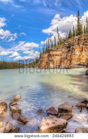 Athabasca River With Stunning Canyon Walls At Athabasca Falls In Jasper National Park On The Icefiel